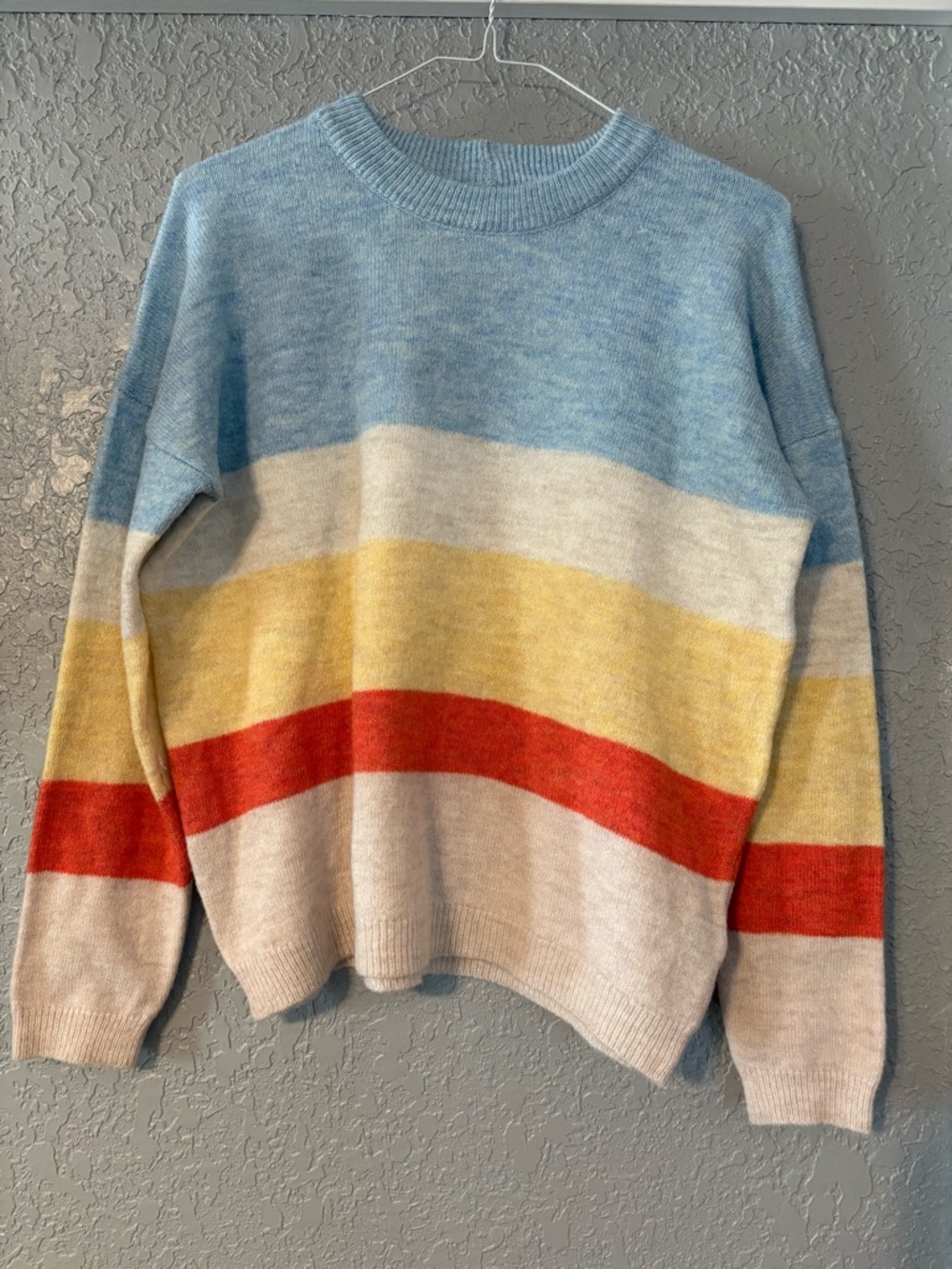 Urban Outfitters Striped Crewneck Sweater in Light Blue, Cream, Yellow & Red